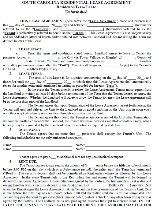 sc rental lease agreement templates south carolina residential 