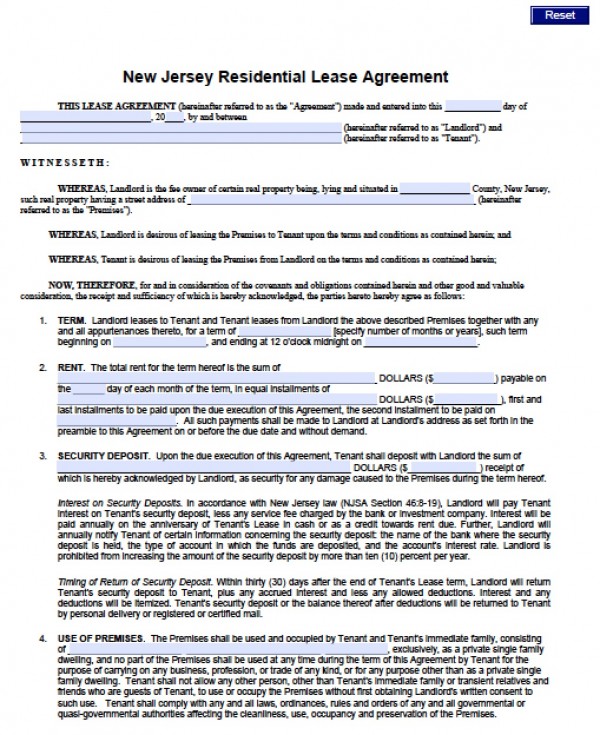 Free New Jersey Standard Residential Lease Agreement (1 Year 