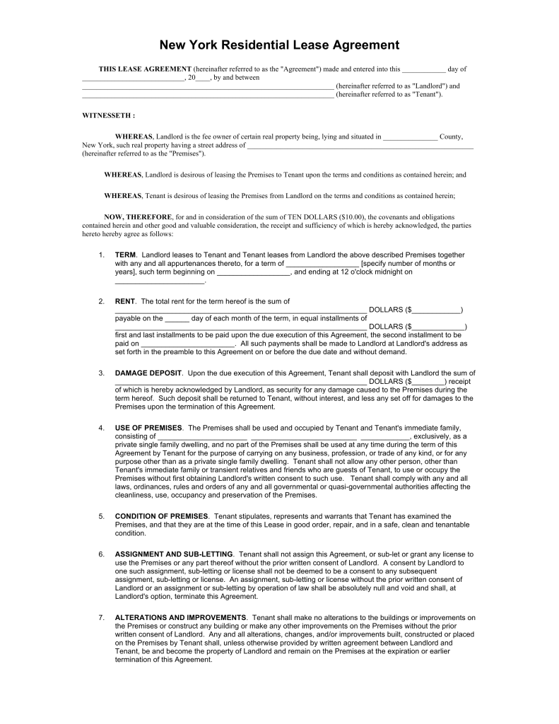 Free New York Standard Residential Lease Agreement Template PDF 