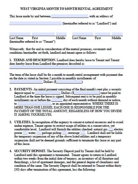 Free West Virginia Month to Month Rental Agreement – PDF – Word