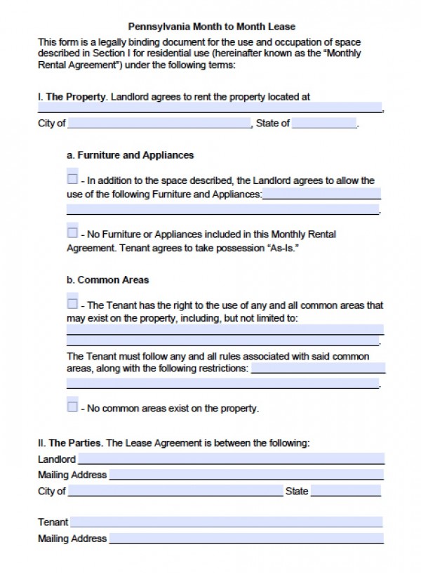 Free Pennsylvania Month to Month Lease Agreement | PDF | Word (.doc)
