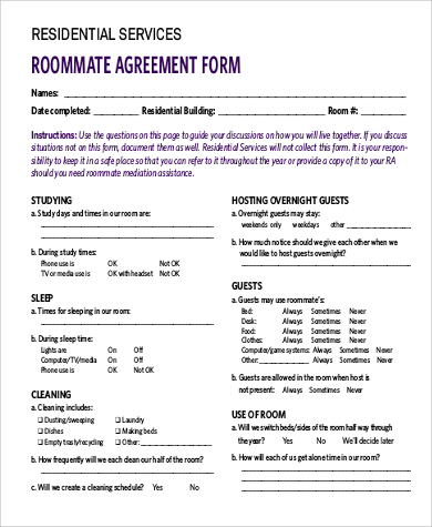 roomate agreement template sample roommate agreement form 9 