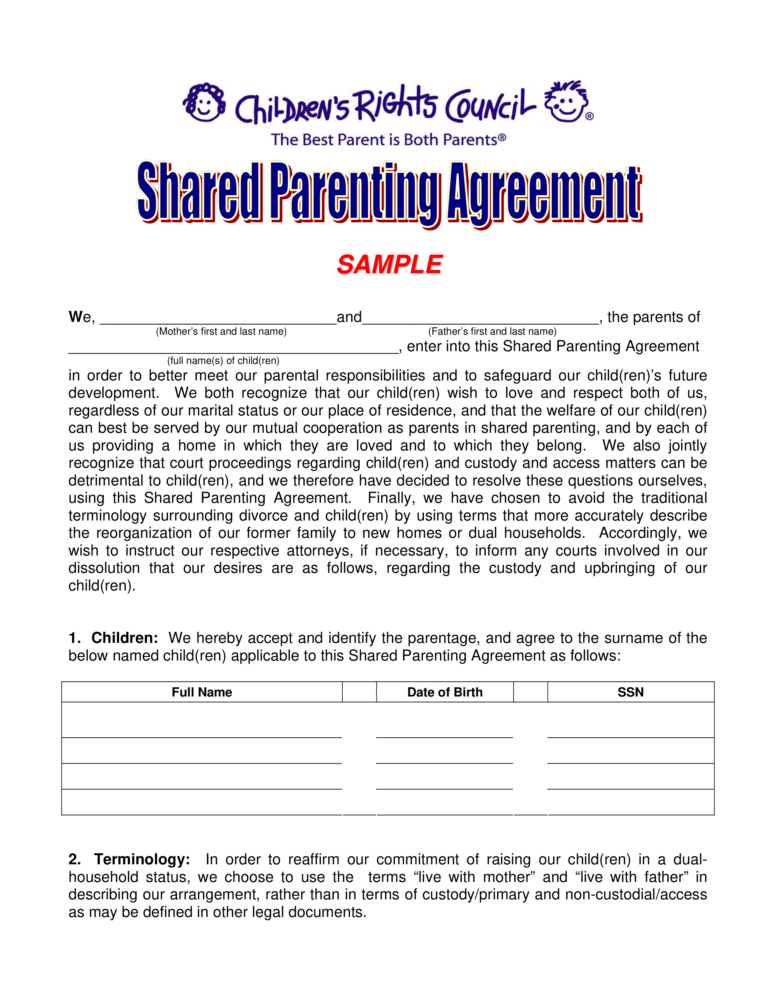 Free Shared Parenting Agreement | Templates at 