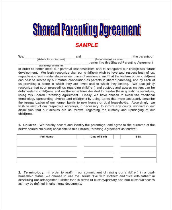 shared parenting agreement template parenting agreement templates 