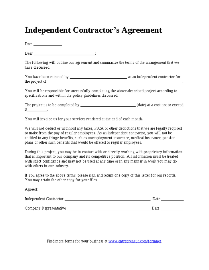 simple independent contractor agreement template contractors 
