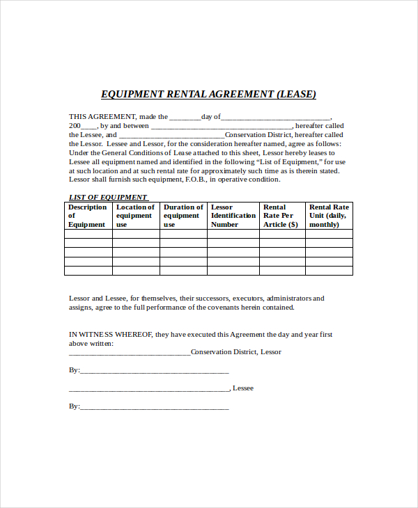 simple equipment lease agreement template simple equipment rental 