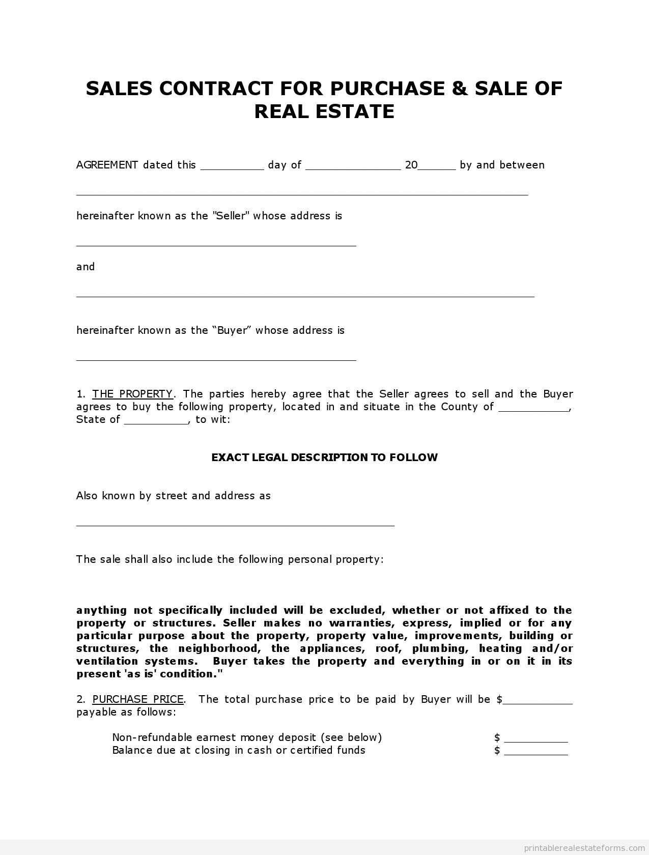 High Quality Printable Simple Land Contract form Editable 