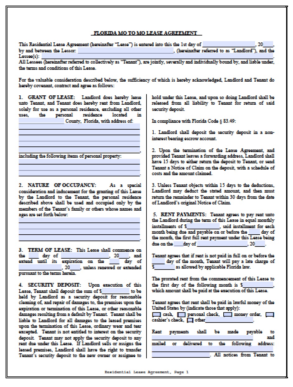 Free Florida Standard Residential Lease Agreement Template Word 