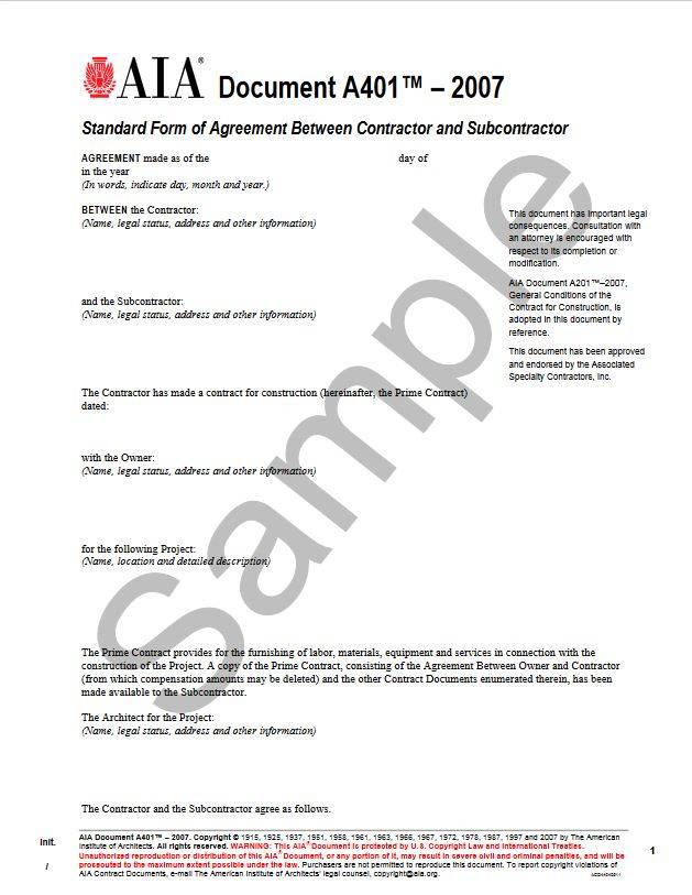 A401–2007, Standard Form of Agreement Between Contractor and 
