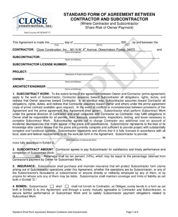 Printable standard form of agreement between contractor and 