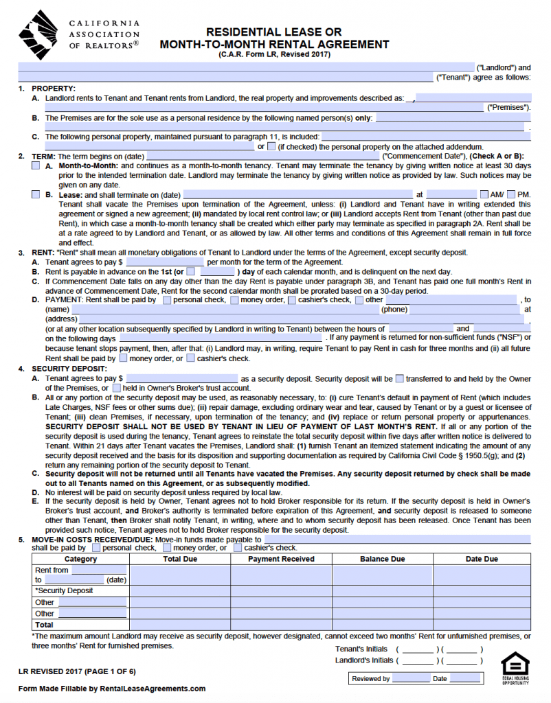 Free California Standard Residential Lease Agreement Template 