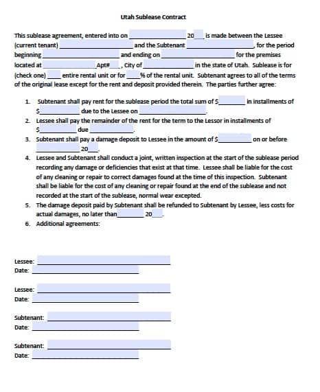 Free Utah Sublease Agreement Form – PDF Template