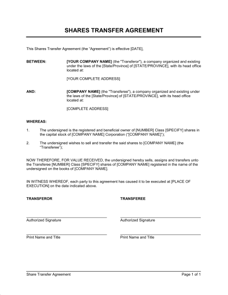 Shares Transfer Agreement Short Template & Sample Form | Biztree.com