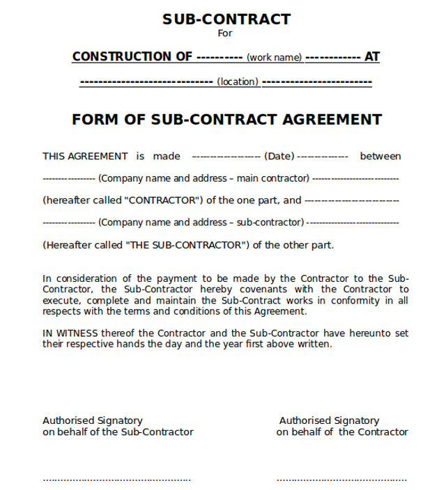 construction subcontractor agreement template subcontract 