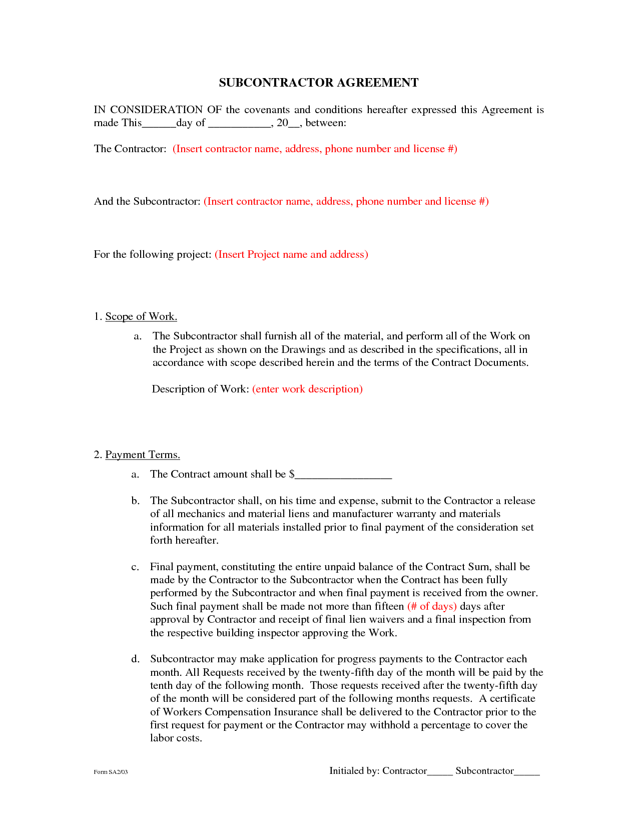 Subcontractor Agreement Template Free. free subcontractor 