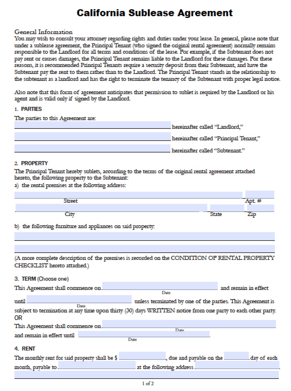 Free California Sub Lease Agreement | PDF | Word (.doc)