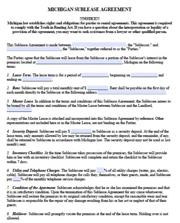 Free Michigan SubLease Agreement | PDF | Word (.doc)