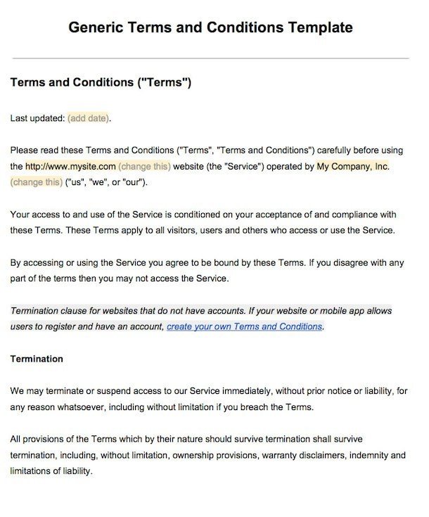 terms of agreement template sample terms and conditions template 