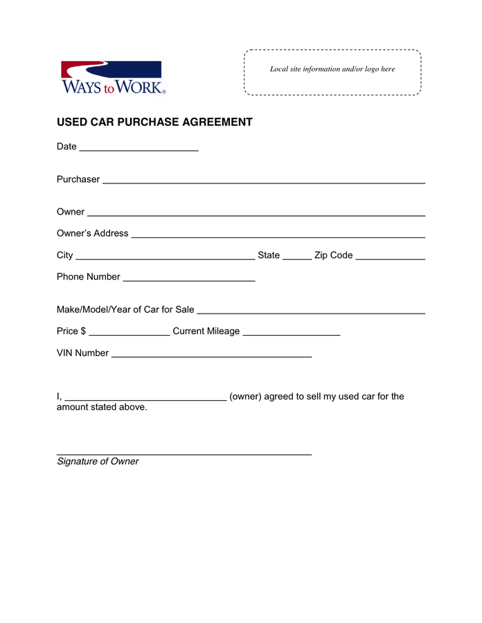 Used car purchase agreement in Word and Pdf formats