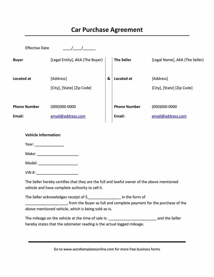 42 Printable Vehicle Purchase Agreement Templates Template Lab