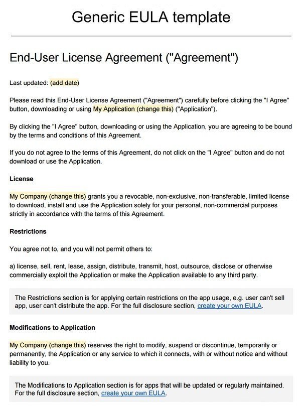 end user license agreement template sample eula template termsfeed 