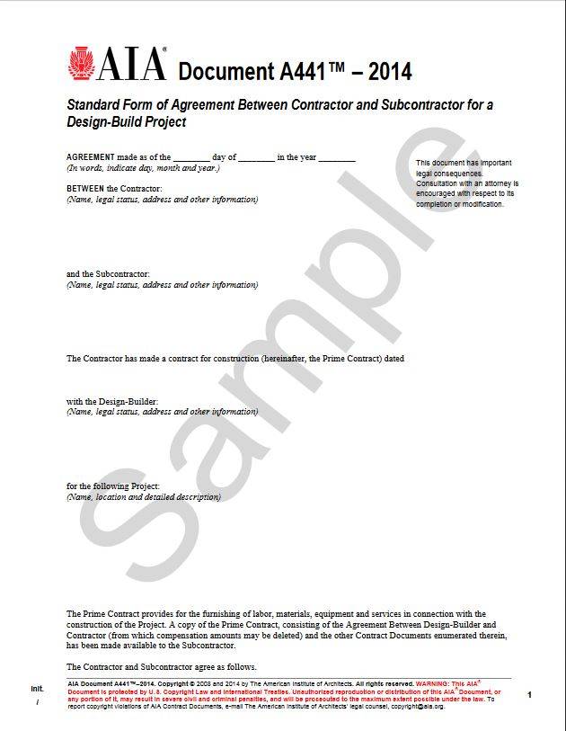 A441–2014, Standard Form of Agreement Between Contractor and 