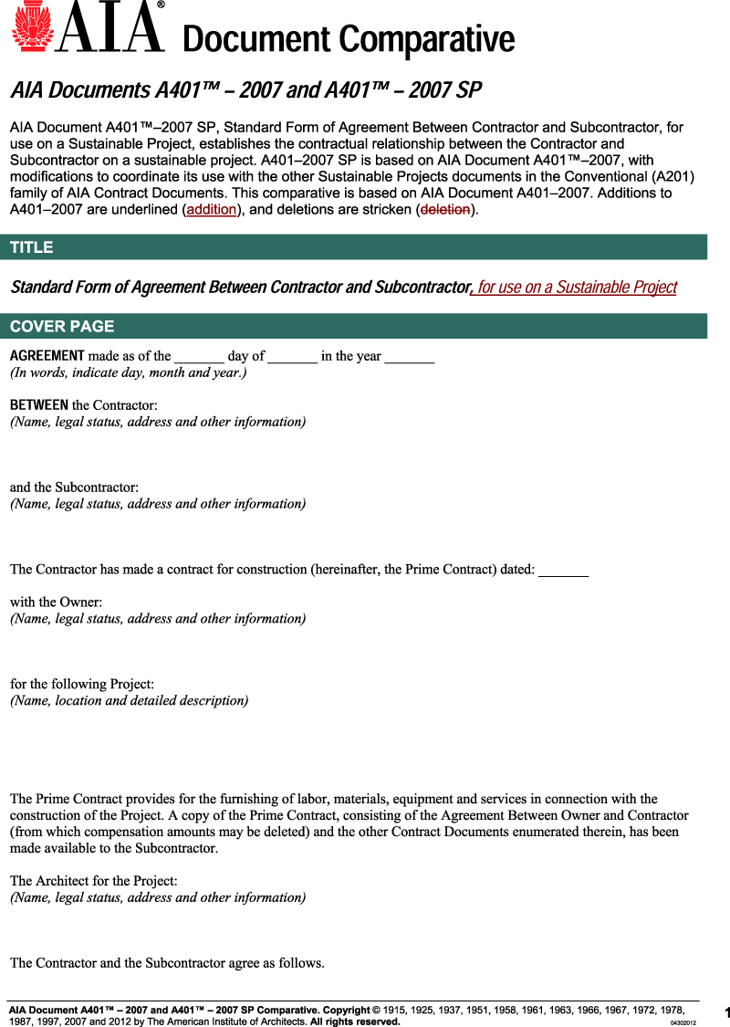 Appendix M: AIA A401 2007 Standard Form of Agreement between 