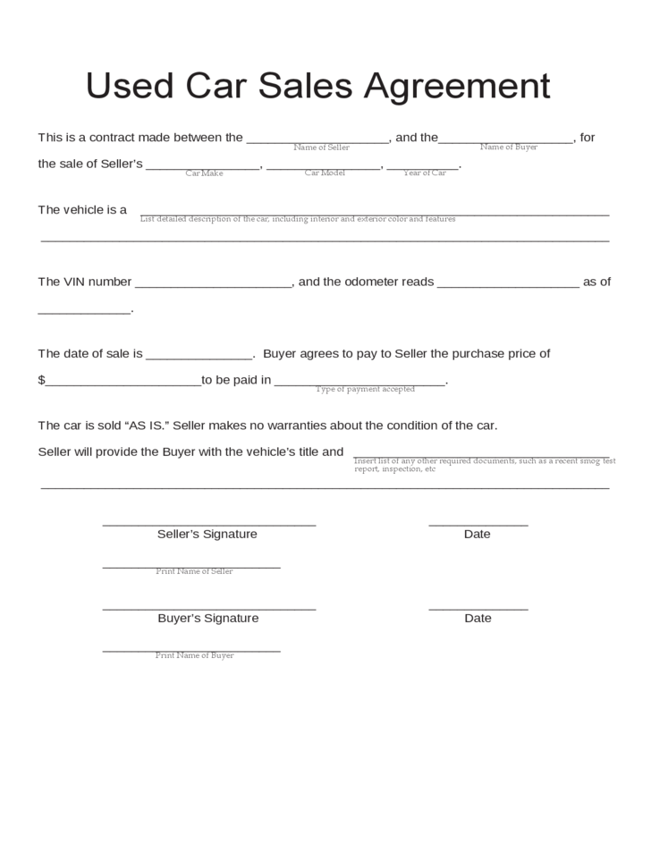 auto agreement of sale template vehicle sales agreement template 
