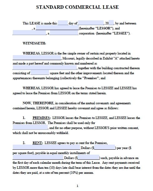 free commercial real estate lease agreement template free missouri 