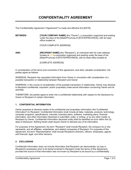 Confidentiality Agreement Template & Sample Form | Business in a Box