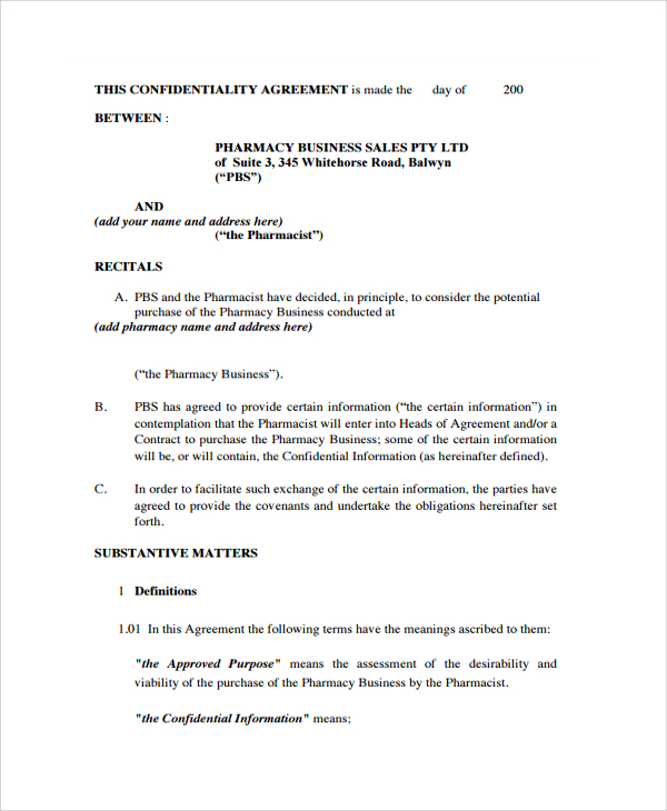 confidentiality agreement template for sale of business sample 