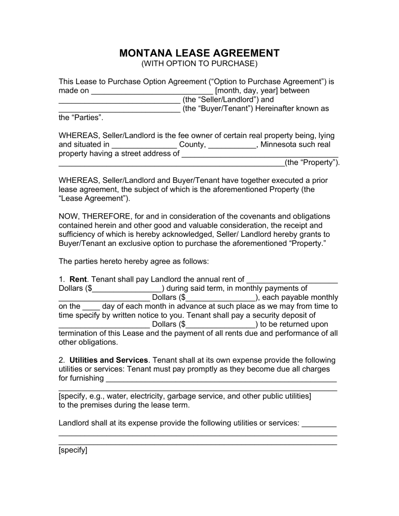 Free Montana Lease Agreement with Option to Purchase Form Word 