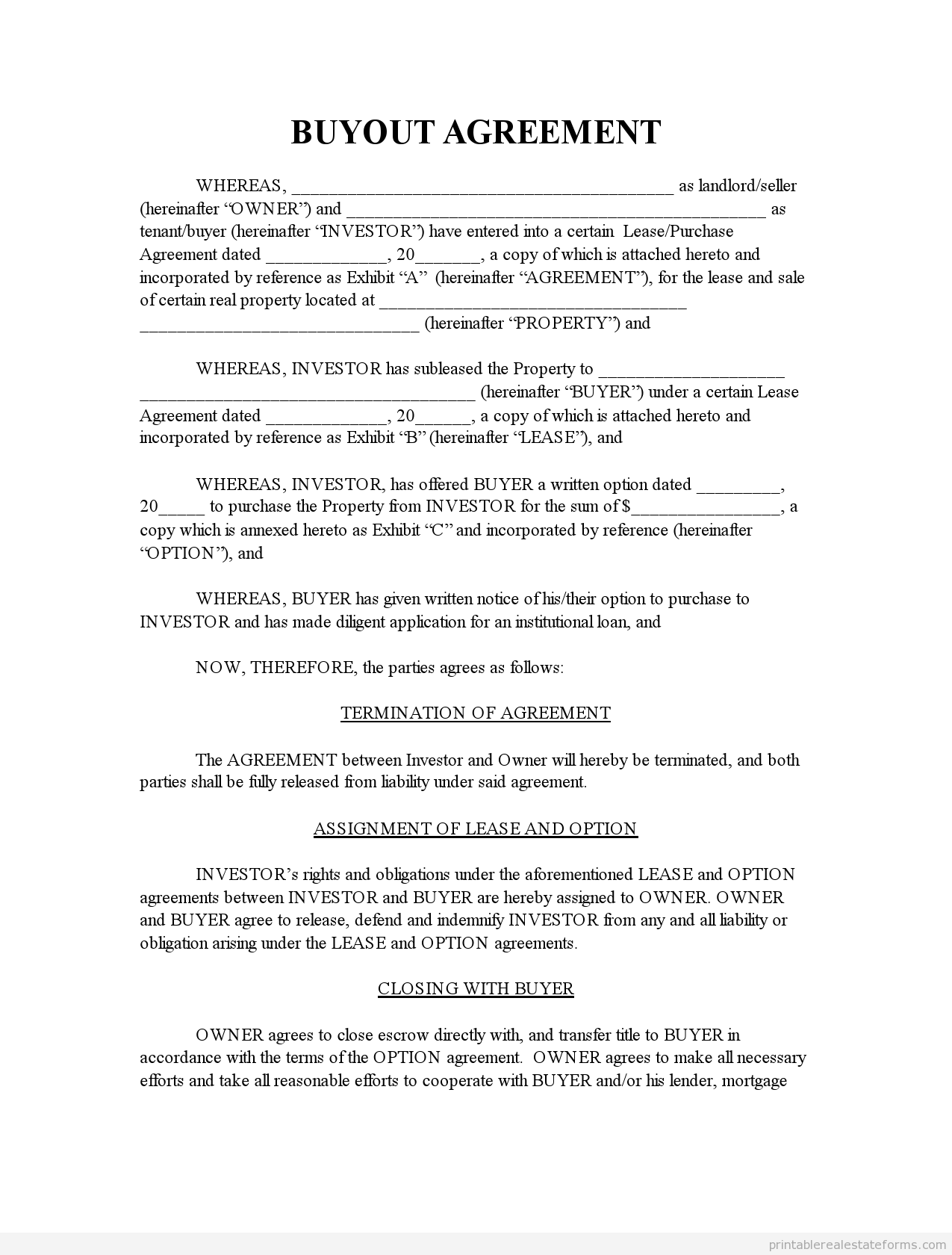 Free Buyout Agreement Template. Real Estate Buyout Agreement Form 