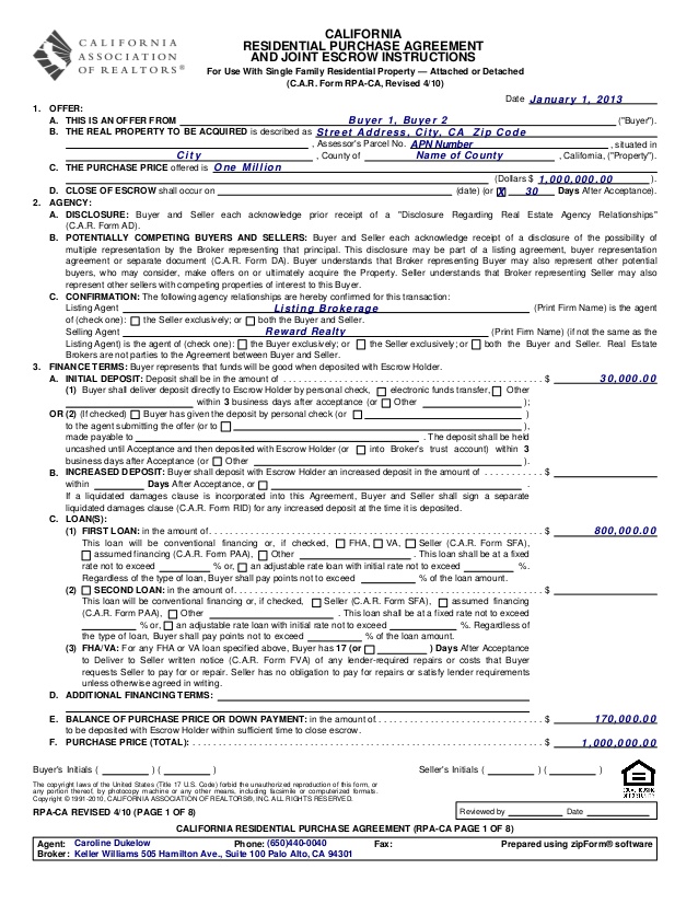 Rpa ca residential purchase agreement 410
