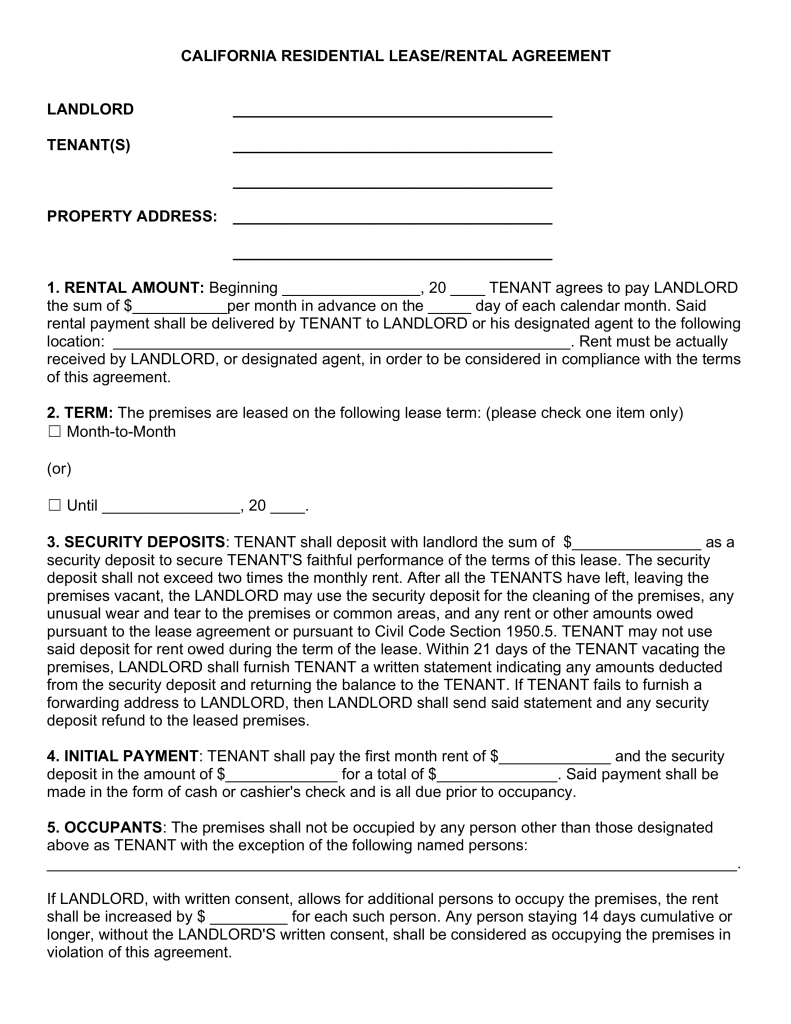 Free California Standard Residential Lease Agreement Template 