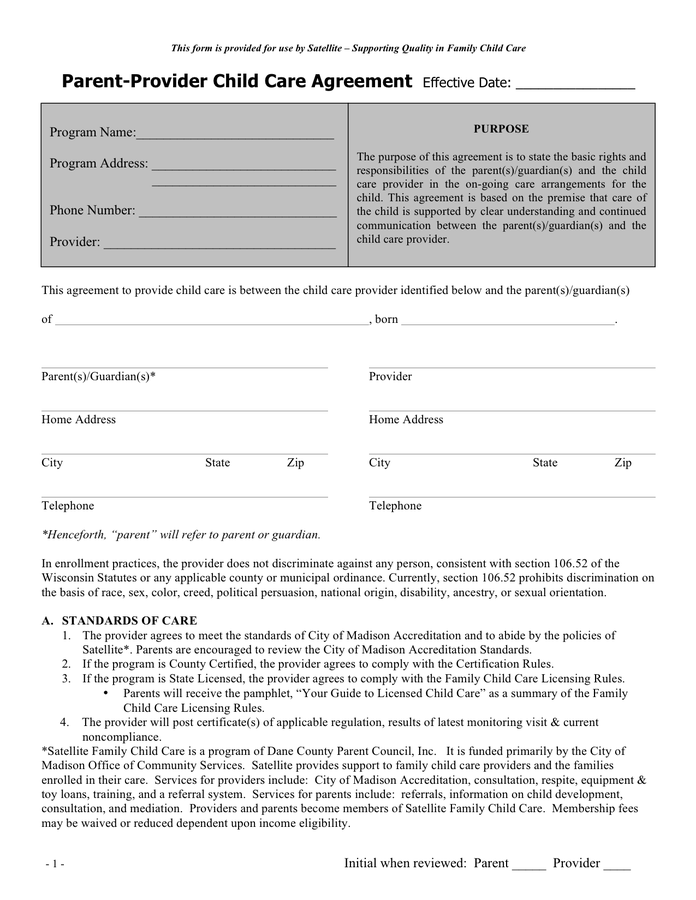 Parent provider child care agreement sample in Word and Pdf formats