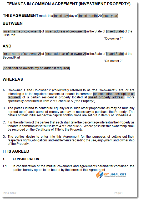 ownership agreement contract template tenants in common agreement 