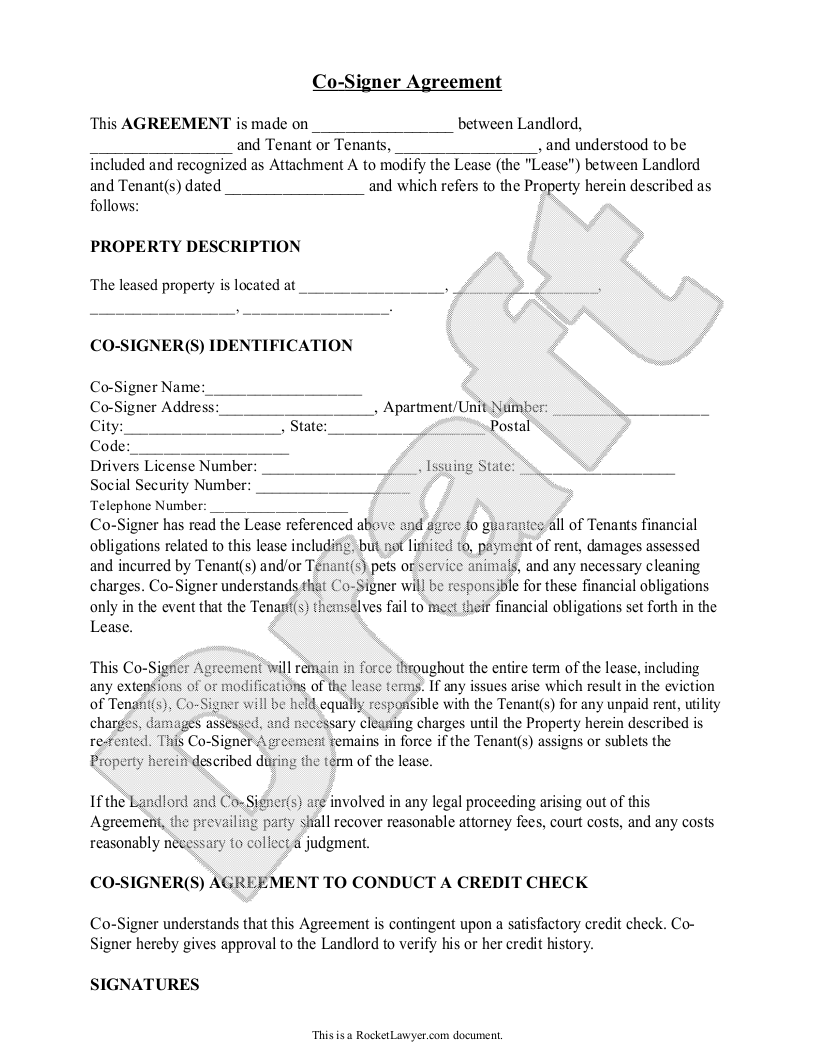 Sample Co Signer Agreement Form Template | rental forms | Pinterest