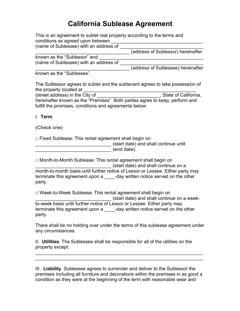 Free California SubLease Agreement Template PDF | Word | eForms 