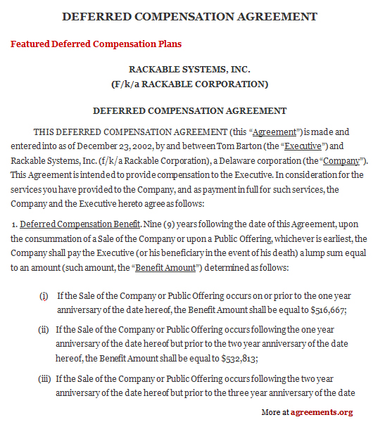 deferred compensation agreement template compensation agreement 
