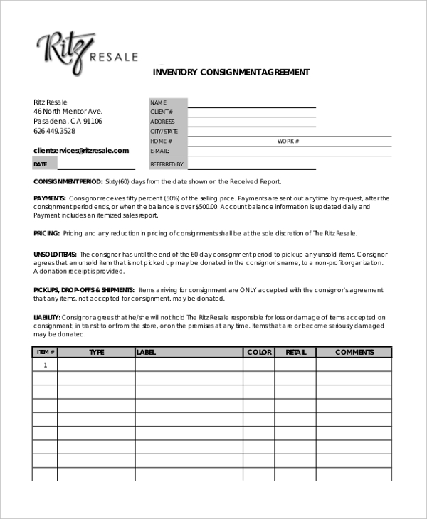 Sample Consignment Agreement Form 8+ Free Documents in PDF