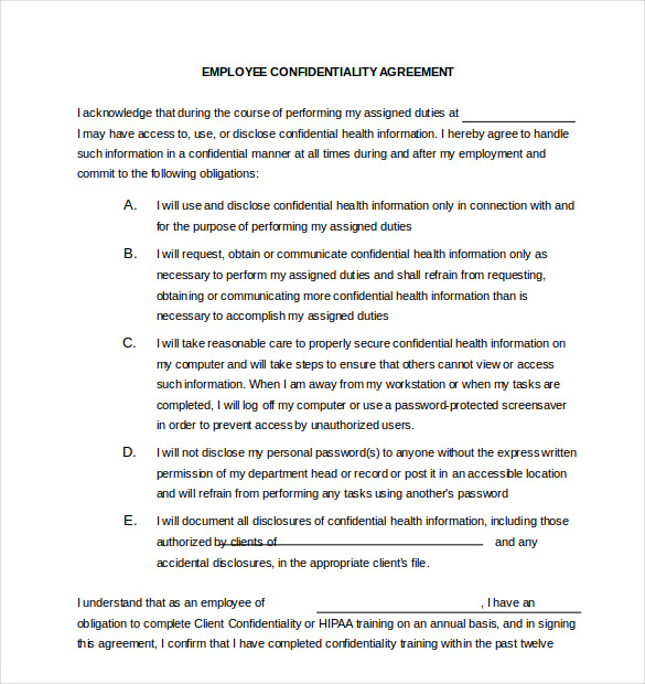 employee non disclosure agreement template confidentiality 