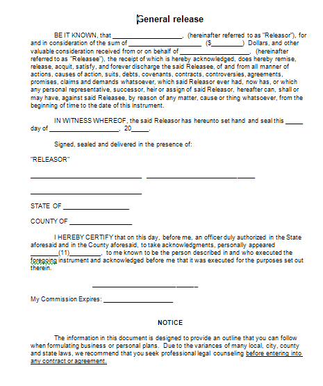 personal release agreement template sample general release form 