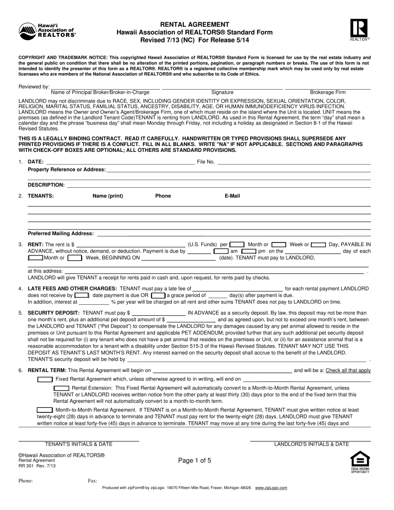 Free Hawaii Association of Realtors Residential Lease Agreement 