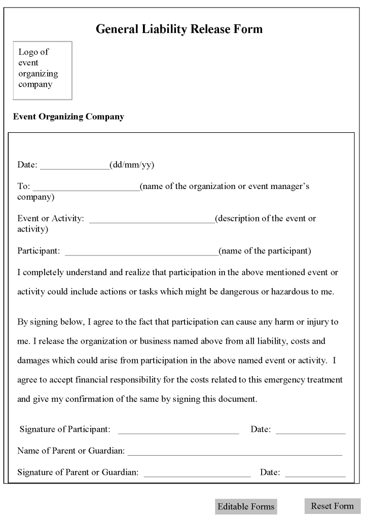 Printable Sample Release And Waiver Of Liability Agreement Form 