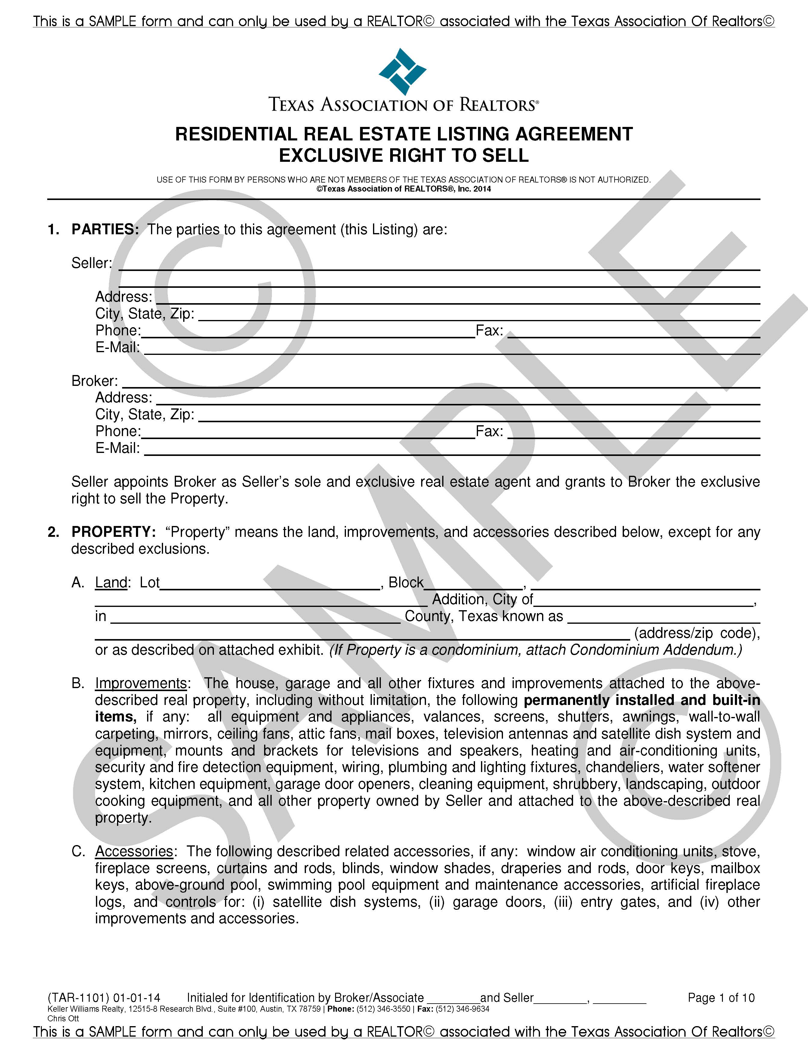 Seller's Listing Agreement – Exclusive Right to Sell, Exchange or 
