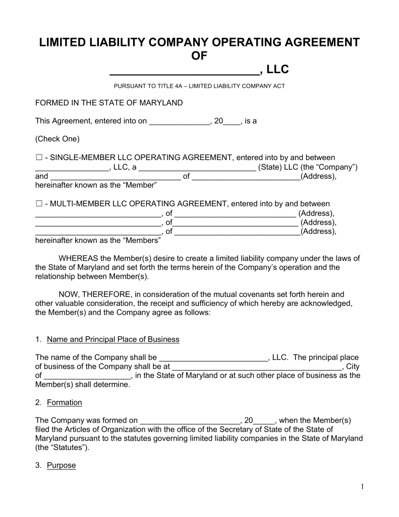 Free Maryland LLC Operating Agreement Forms   PDF | Word | eForms 