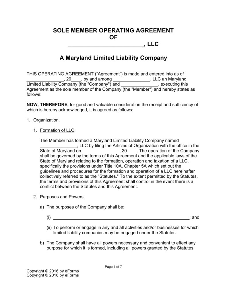 Maryland Single Member LLC Operating Agreement Form | eForms 