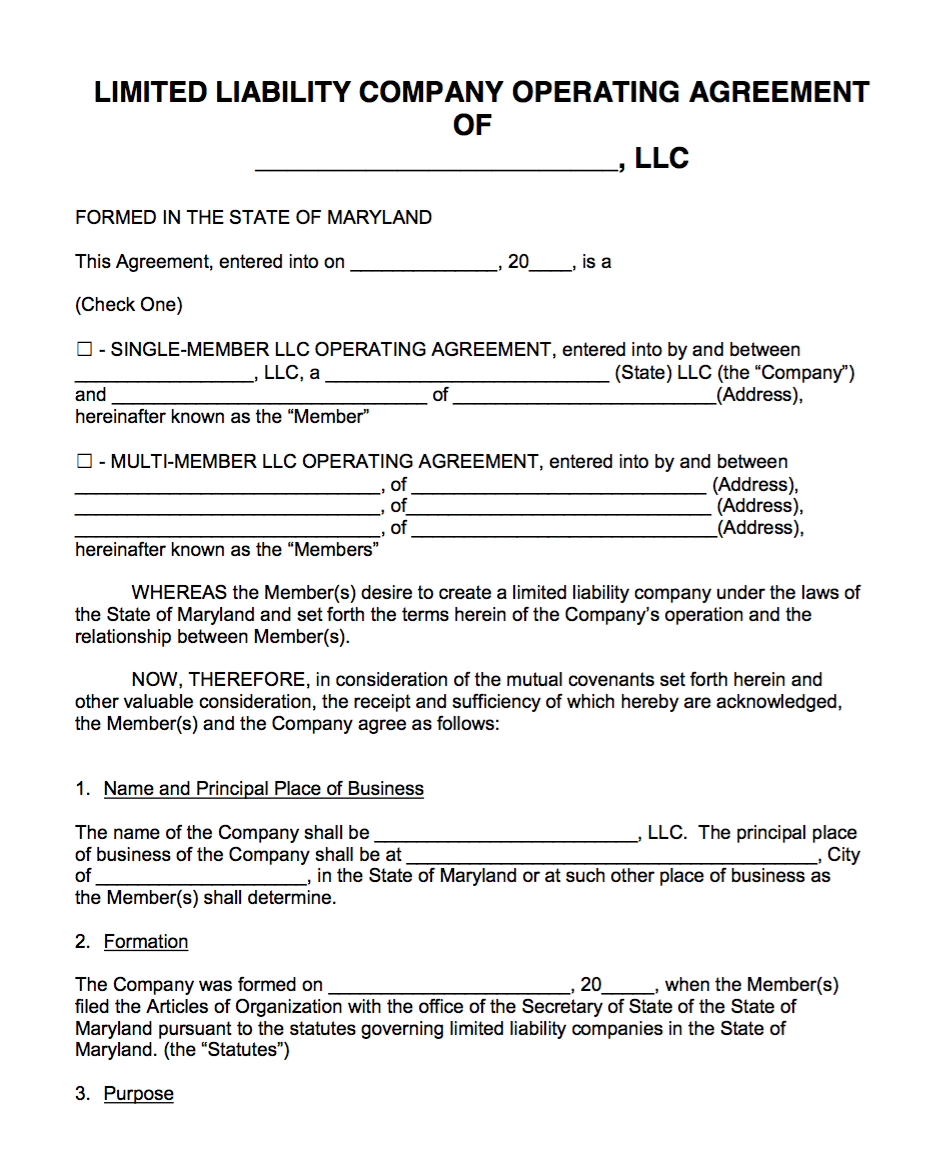 Free Maryland LLC Operating Agreement Template | PDF | Word |