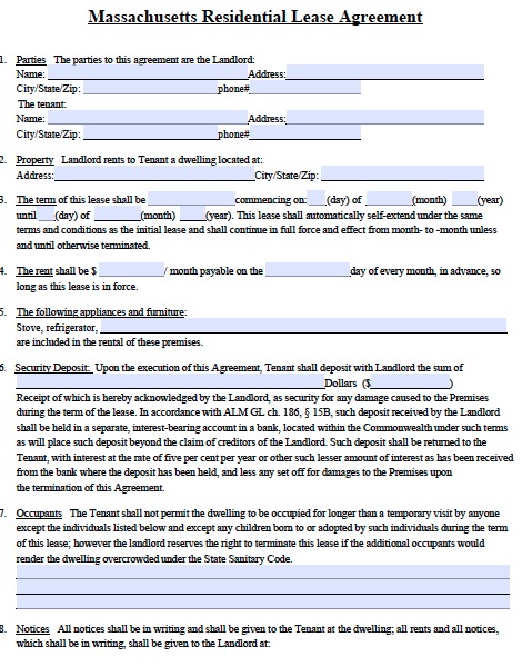 ma residential lease agreement template free massachusetts 